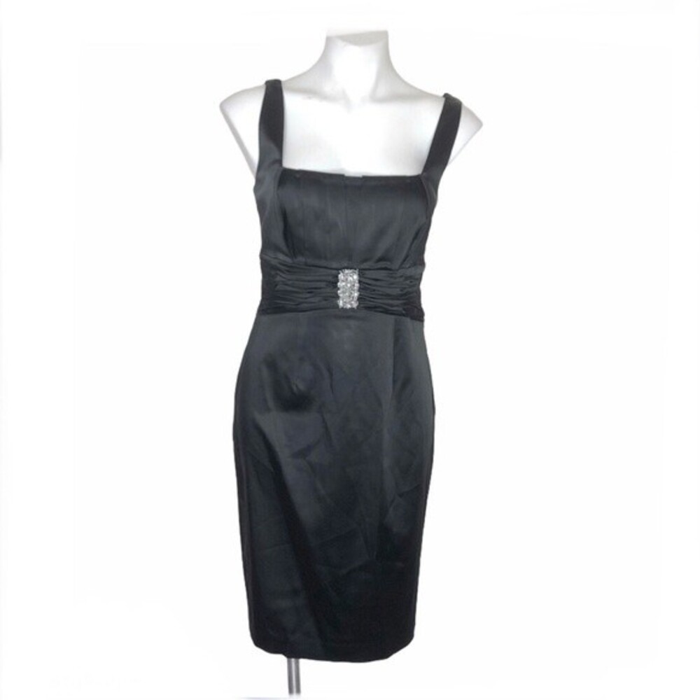 CALVIN KLEIN Satin Black Sheath Dress LBD Crystals Cocktail Dress Womens Size 8